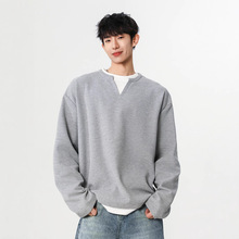 日系学院风华夫格假两件V领男春季高级感叠穿打底衫设计感长袖T恤