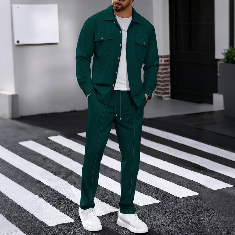 Completo da uomo autunnale con maniche a waffle, pantaloni lunghi, giacca casual con doppia tasca, camicia da lavoro, stile transfrontaliero europeo e americano._voghion.com