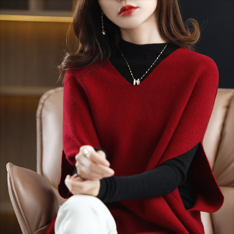 Otoño e invierno nuevo chaleco de talla grande con cuello en v manga batwing color sólido todo partido sin mangas suelto chaleco de mujer de punto exterior image 3