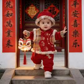 婴儿童冬季加绒加厚中式分体套装满月宝宝百天周岁宴过新拜年礼服