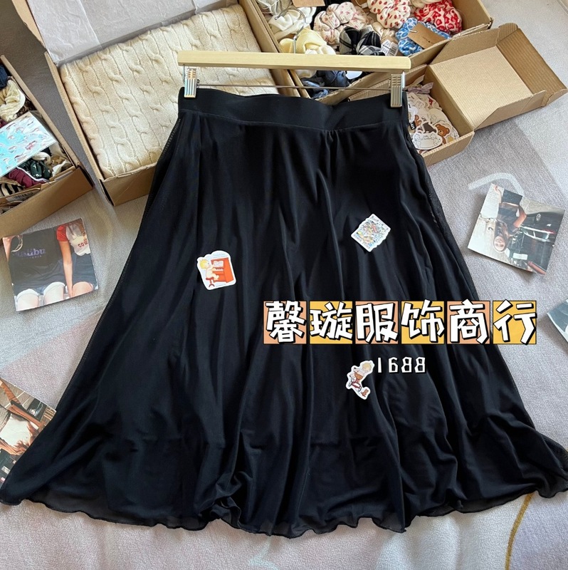 BM风 绝美超好看黑色网纱半身裙bm显瘦中长款a字裙百搭包臀裙子|undefined