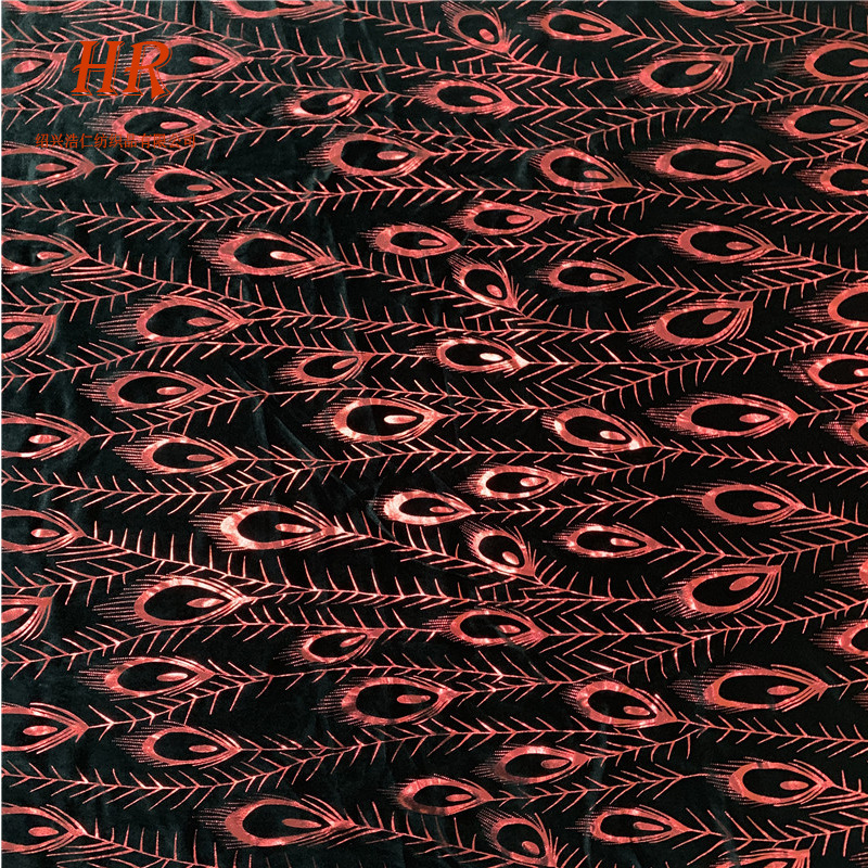 丝绒烫金面料 A0253 红色孔雀旗袍用料 可 小量批发