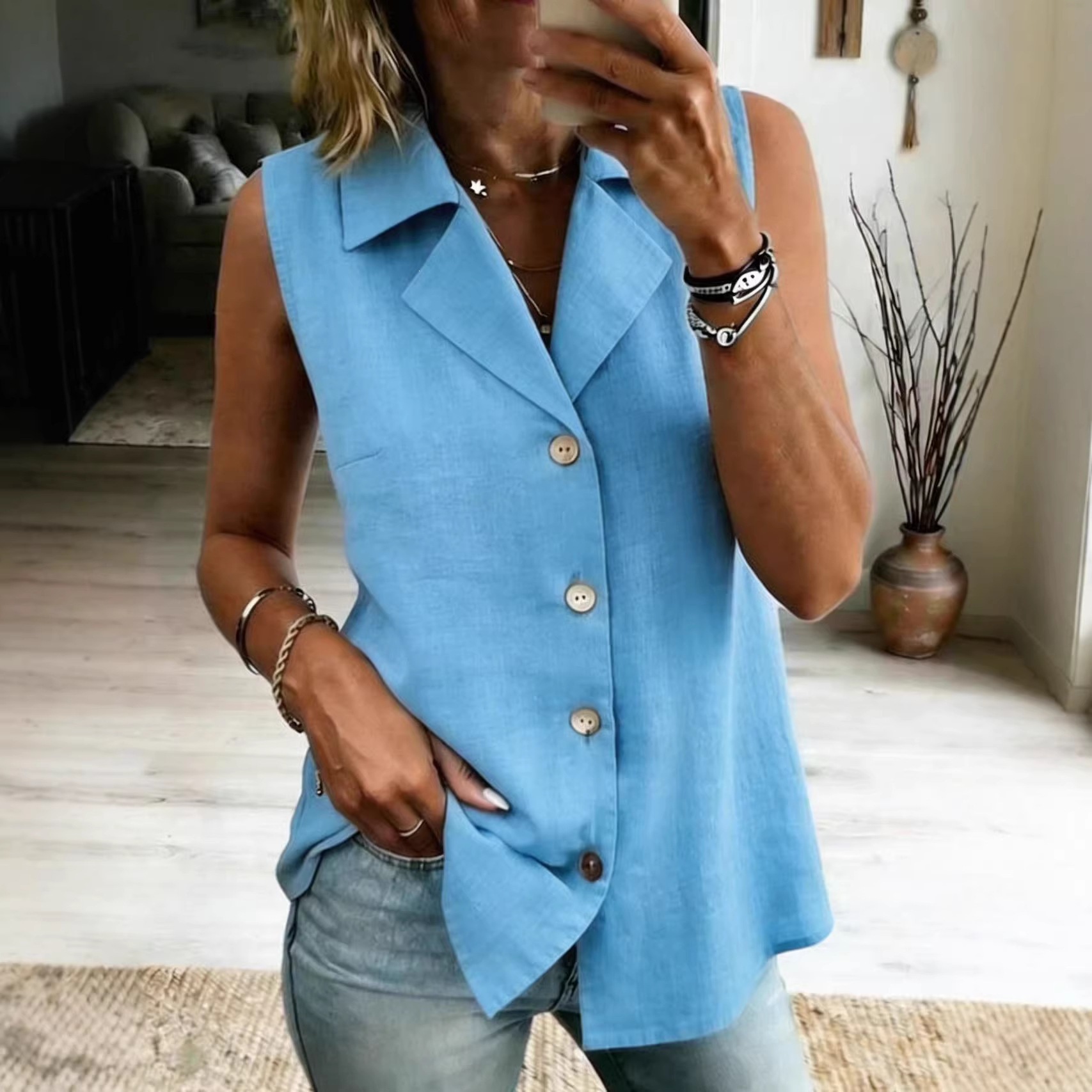 Ropa de mujer: Top sin mangas de color liso, corte holgado, ideal para el verano, tanto para ocasiones formales como informales._voghion.com