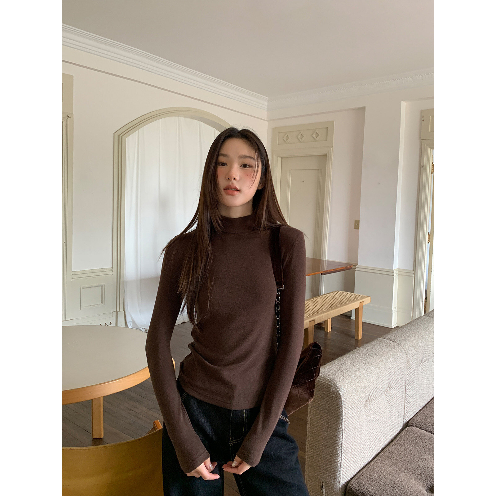 基础款三种领型纯色打底衫女春秋修身设计感长袖T恤上衣