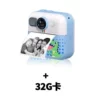 Blue camera, strap, crayons, charging cable, 32G