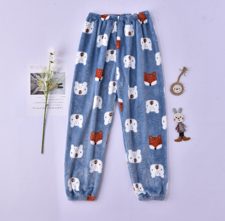 Pantalones de pijama para mujer de otoño e invierno, pantalones largos de franela, ropa de estar de forro polar coral, venta al por mayor de una sola pieza, ropa de casa cálida y dulce.