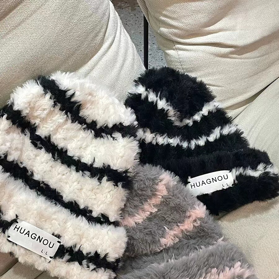 Cappello invernale caldo in lana a righe da donna, antivento, per autunno/inverno, snellente, alla moda e versatile_voghion.com