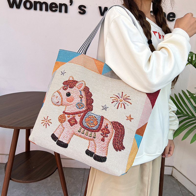 Cross-Border New Style Cartoon Fashion Shoulder Bag for Women, Cute Little Horse Printed Canvas Bag, Large Capacity Shopping Bag