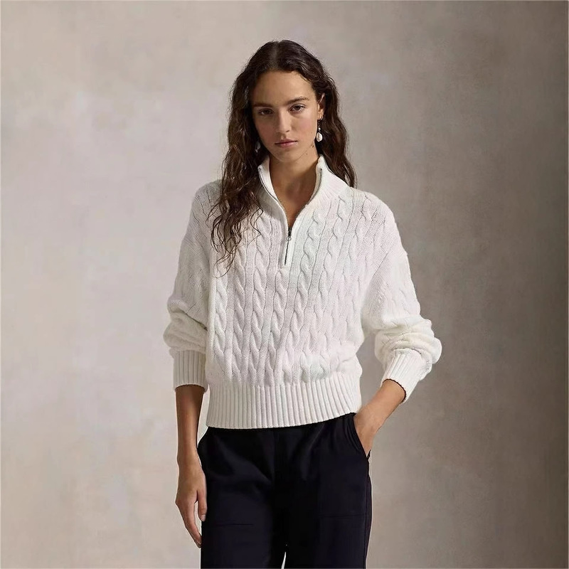 Rl Ralph Lauren Style Unbranded Half-Zip Cable Knit Women's Loose Casual Vintage Warm Sweater