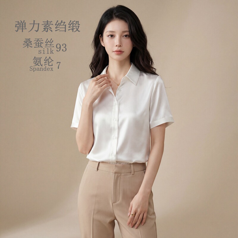 2026 Summer New Style Plain Crepe Satin Silk Short-Sleeved Shirt Women's White Shirt Professional Wear Work Clothing Top 2026 Summer New Style Plain Crepe Satin Silk Short-Sleeved Shirt Women's White Shirt Professional Wear Work Clothing Top