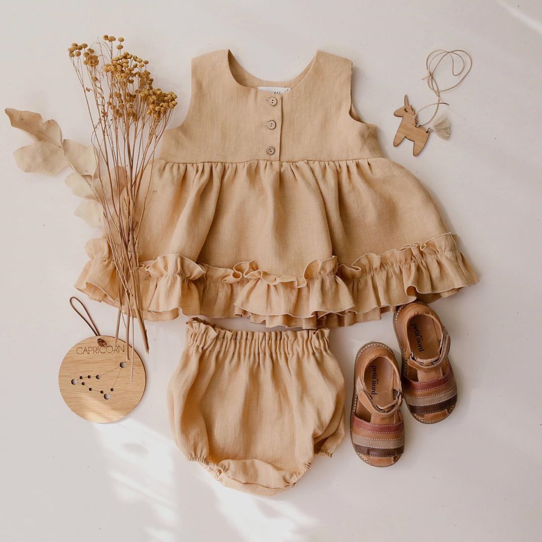 Girls' Dress and Shorts Set, Summer Cotton and Linen, Baby Girl Ruffle Tank Dress and Bread Pants Outfit, Vintage Style
