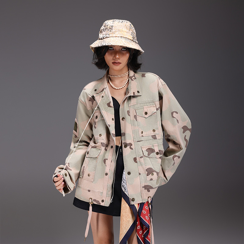 Trendy European and American Street Style Camouflage Spring Jacket for Couples, Long-Sleeved Top with Large Pockets, Workwear Jacket for Women