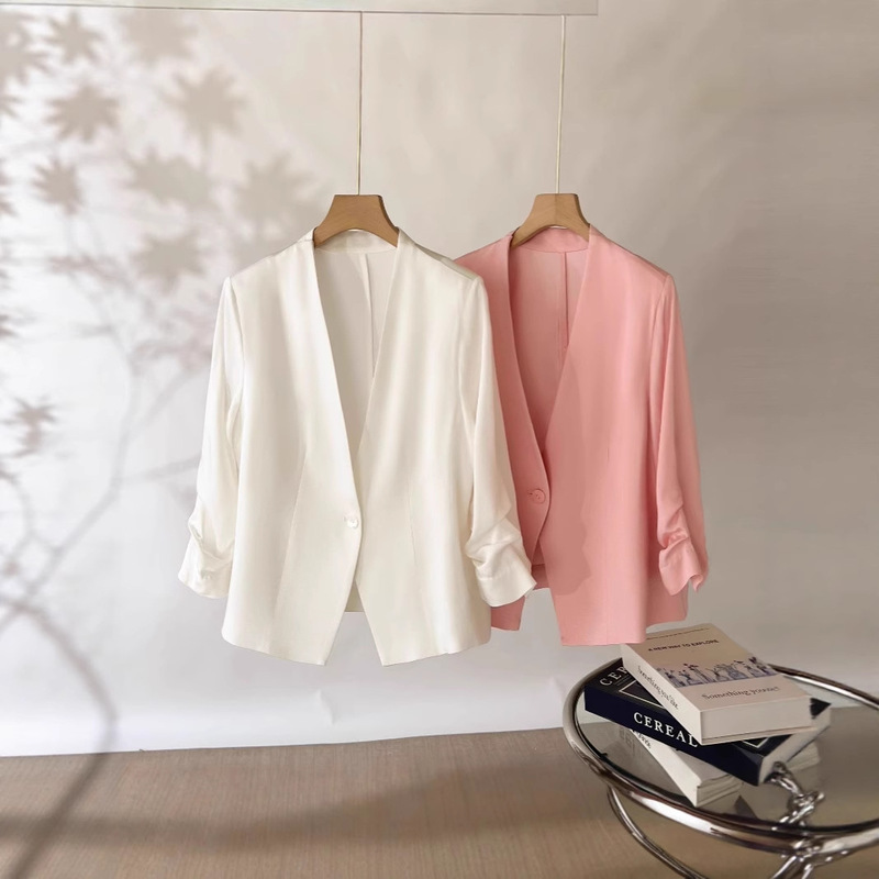 Endi Petite Three-Quarter Sleeve Acetate Blazer Top Summer Versatile Slimming Elegant Short Blazer Jacket for Women