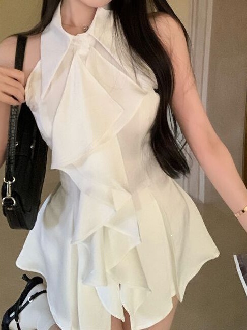 Summer Niche Mid-Length Shirt for Women, White French-Style Ruffled Collar Sleeveless Shirt Top for Women