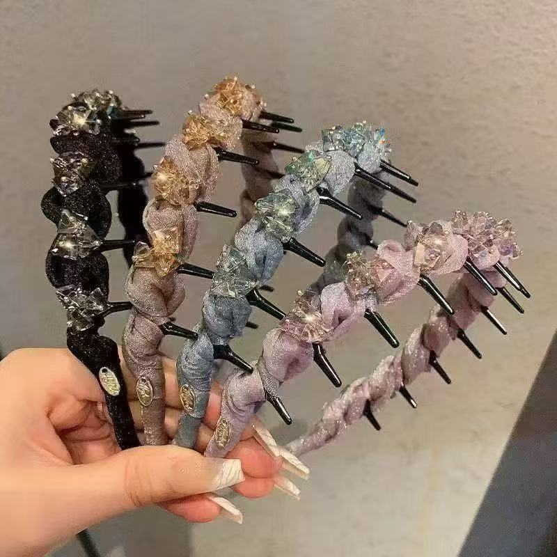 軽奢風新作ラインストーンウェーブネットレッドヘアバンド滑り止めヘアピンおしゃれで上品なヘアフープ歯付きヘアブラシで髪を整えるレインボー|undefined