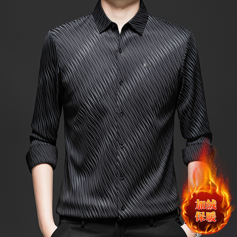 Live Popular Velvet Thickened Seamless Men's Shirt Business Casual Striped Lapel Warm Shirt Dad Top Live Popular Velvet Thickened Seamless Men's Shirt Business Casual Striped Lapel Warm Shirt Dad Top