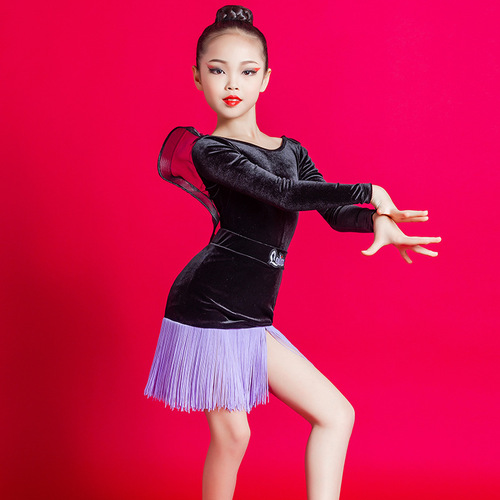 BLack with purple Latin dance dresses for kids girls long-sleeved fringed latin dance skirt children'slatin practice clothes performance costumes