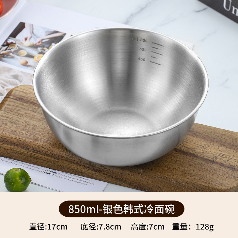 Venta al por mayor de fideos fríos de estilo coreano comercial de acero inoxidable ensaladera tazón de ensalada de frutas y verduras con escala de mezcla de Corea del Sur