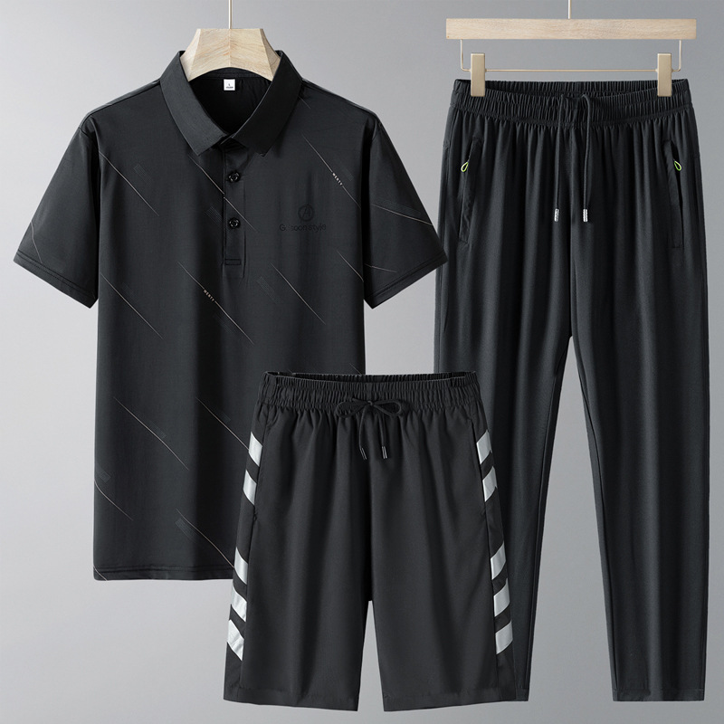 Camiseta de verano de papá camiseta de hielo de manga corta de mediana edad juego deportivo abuelo ropa de hombre papá polo casual conjunto de tres piezas