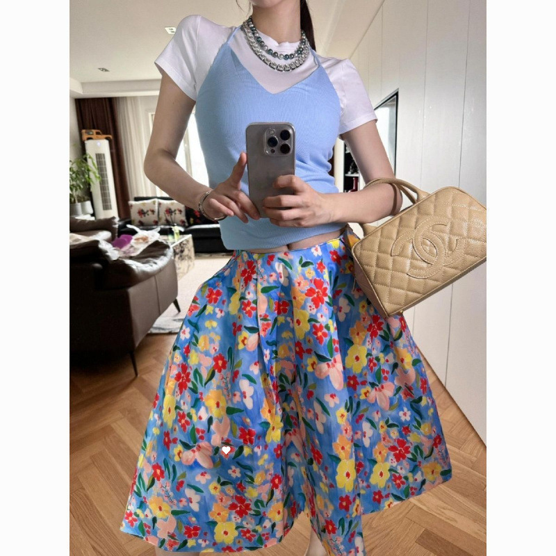 Dopamine Outfit Midsummer Garden Print Puffy Bud Skirt Women Versatile Casual Floral Skirt Ins Trend