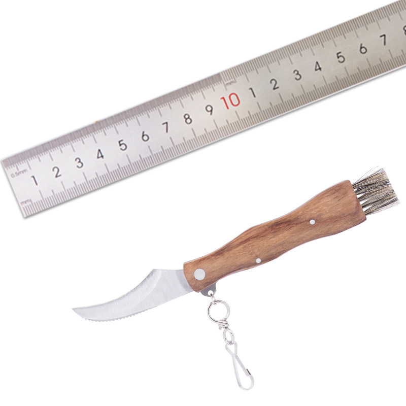 厂家供应便携多功能户外折叠蘑菇刀 露营木柄削皮刀摘果刀