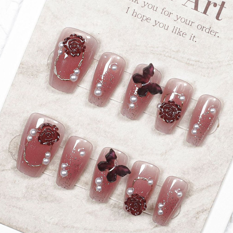 10 piezas de taladro de uñas hechas a mano, uñas medianas y largas, color rojo vino, sensación blanca de alto nivel, parche de uñas hechas a mano, uñas falsas