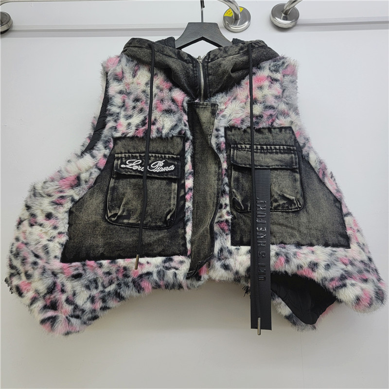 2025 otoño y invierno nueva ropa de mujer estampada de leopardo piel de empalme de bolsillo chaleco corto chaqueta de mujer blusa suelta image 2