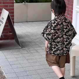 【四面弹印花】男童装痞帅时髦黑色洋气碎花短袖衬衫宝宝花衬衣