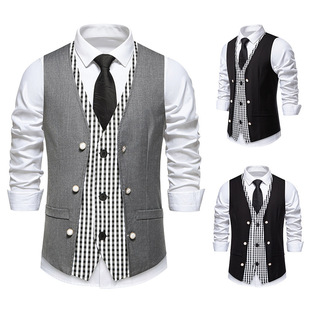 Amazon 2025 New Men's Suit Vest Wedding Party V Neck Multi-Breasted Fake Two-Piece Vest Men's Jacket