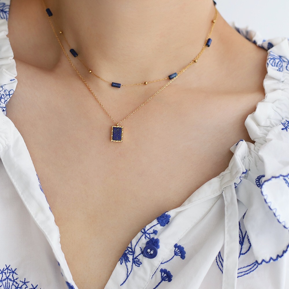 Linglang Natural Lapis Lazuli Beaded Necklace 18K Gold Plated Layered Necklace Gold Chain Summer Gold Jewelry