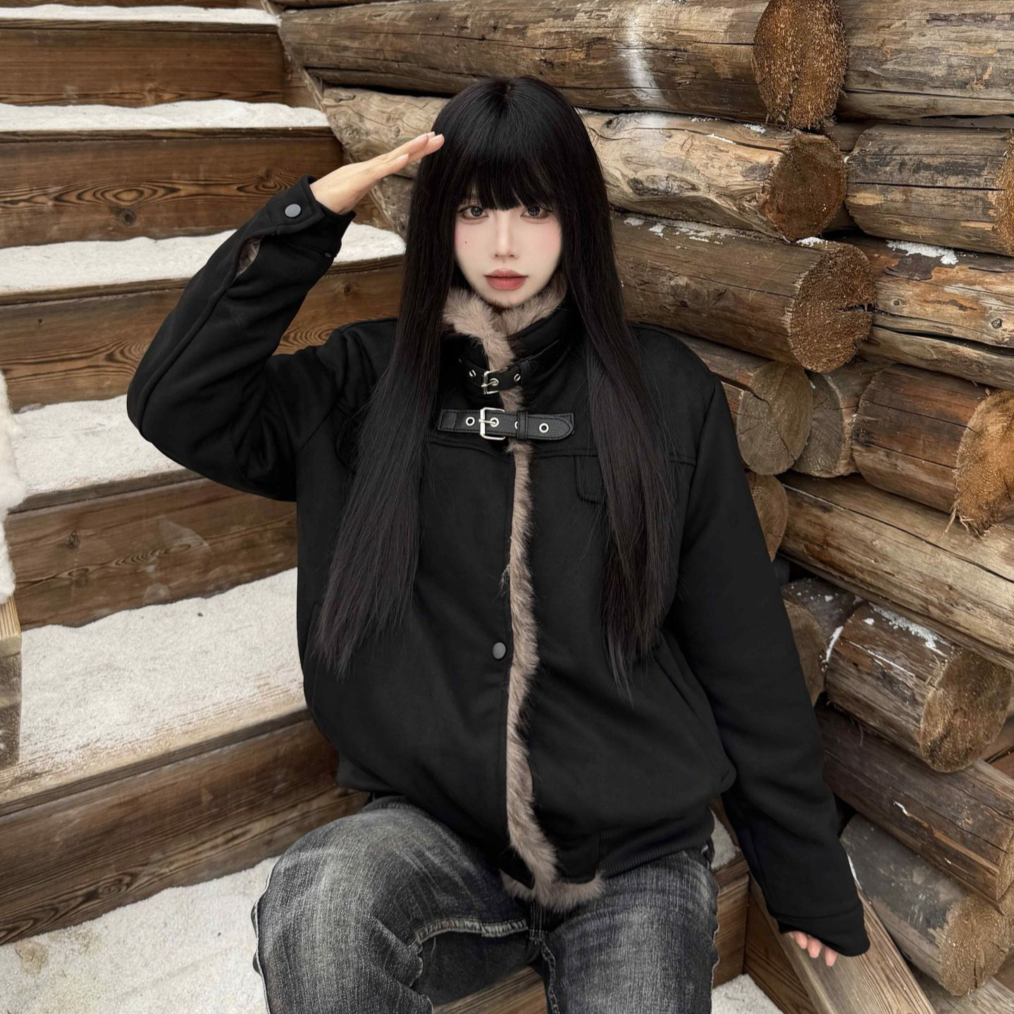 American Retro Style Mountain Eagle Fur Collar Spliced Suede Stand Collar Cotton Coat for Women, Winter Fleece Thickened Jacket Cotton Outerwear