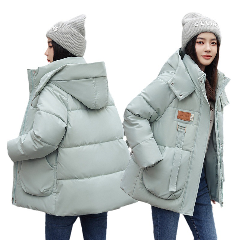 外贸韩版女宽松羽绒棉连帽棉服英伦风布贴显瘦面包服立体口袋外套