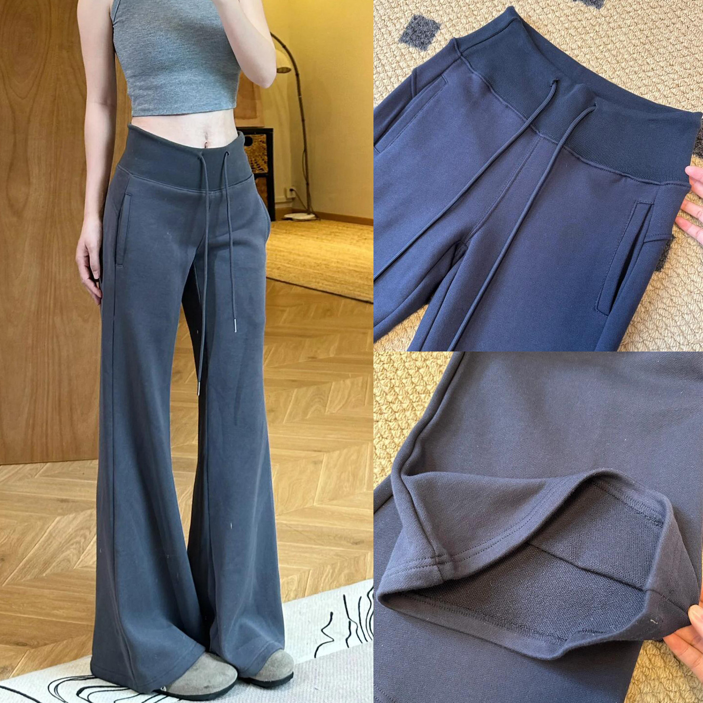 Dark Gray Flared Sweatpants for Women, Autumn American-Style Thickened Fleece Slim-Fit Low-Waist Bootcut Pants for Women