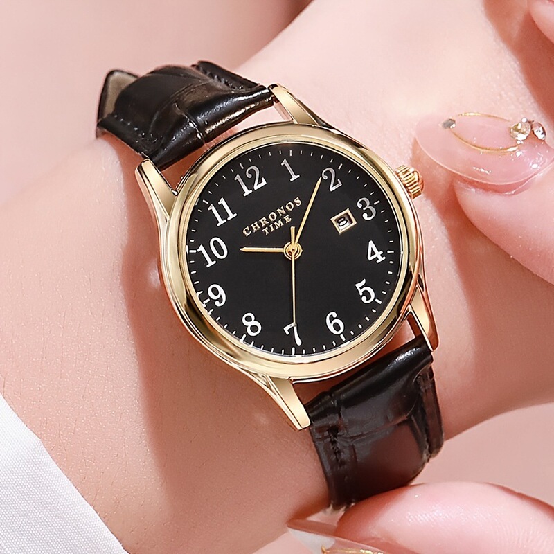 New CHRONOS Amazon popular women's watch fashion simple digital scale calendar genuine leather strap