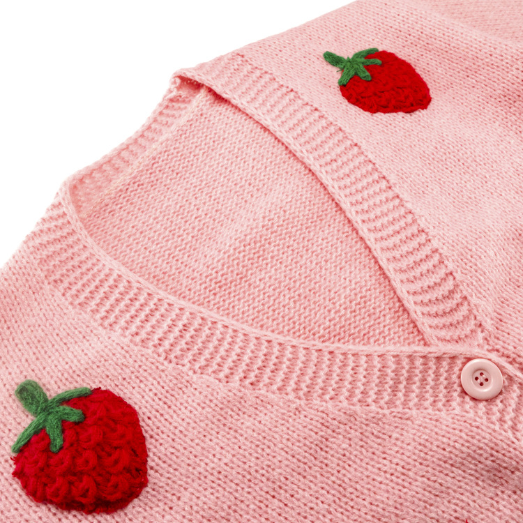 European and American Style Autumn and Winter New Handmade Embroidered Sweater for Women, Fashionable Design with Strawberry Pattern, Long-Sleeve Cardigan Knitwear