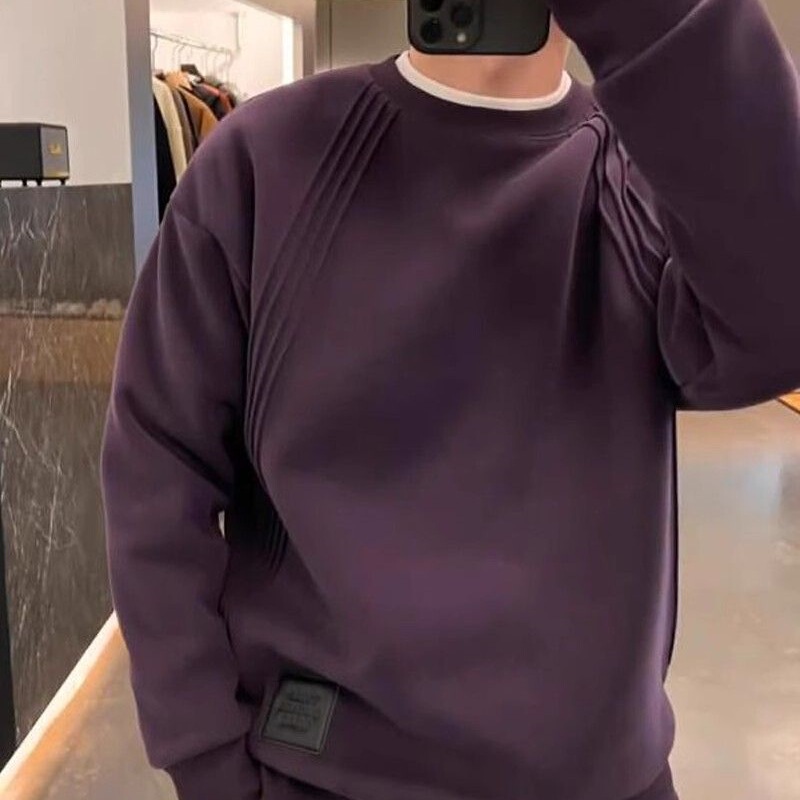 Spring and Autumn Heavyweight Fleece-Lined Thickened Sweatshirt for Men, 2026 New Model, Brushed Fabric with Line Design, Crew Neck Base Layer Top for Men Spring and Autumn Heavyweight Fleece-Lined Thickened Sweatshirt for Men, 2026 New Model, Brushed Fabric with Line Design, Crew Neck Base Layer Top for Men