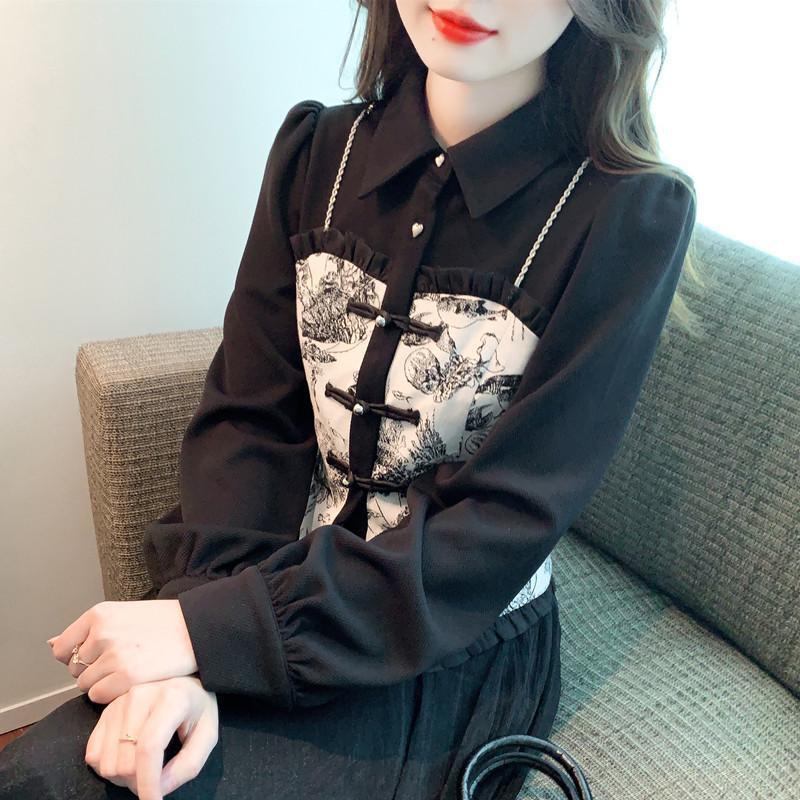 假两件复古拼接衬衫女秋新款新中式短款洋气卡腰长袖国风上衣小衫|undefined