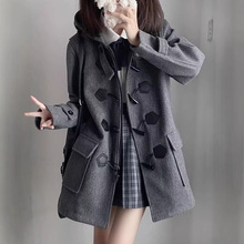 学院风jk制服牛角扣大衣秋冬黑色女中长款毛呢大衣连帽加厚款外套