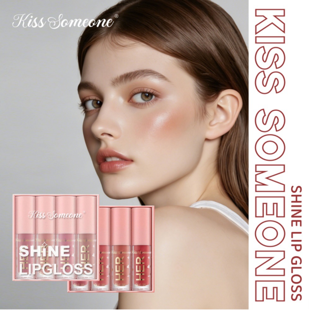 Cross-Border Lip Glaze 4-Pack Pink Set Lip Gloss Foreign Trade Makeup Pouty Lip Lip Beauty Sequin Lip Glaze Set