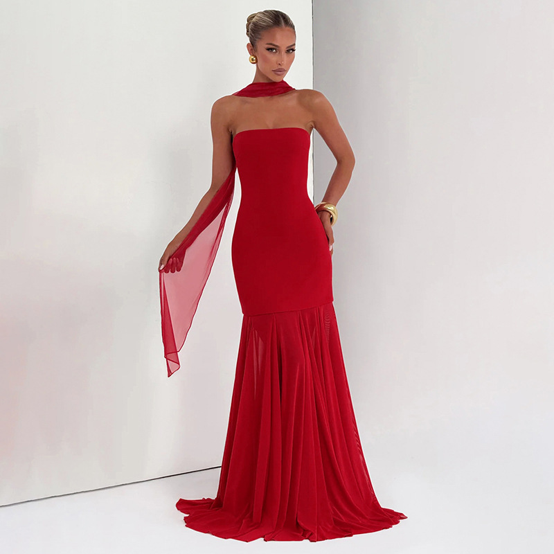 D25Ds477 European and American Women's Autumn and Winter New Pure Color Elegant Sleeveless Chiffon Splicing Tube Top Ribbon Long Dress