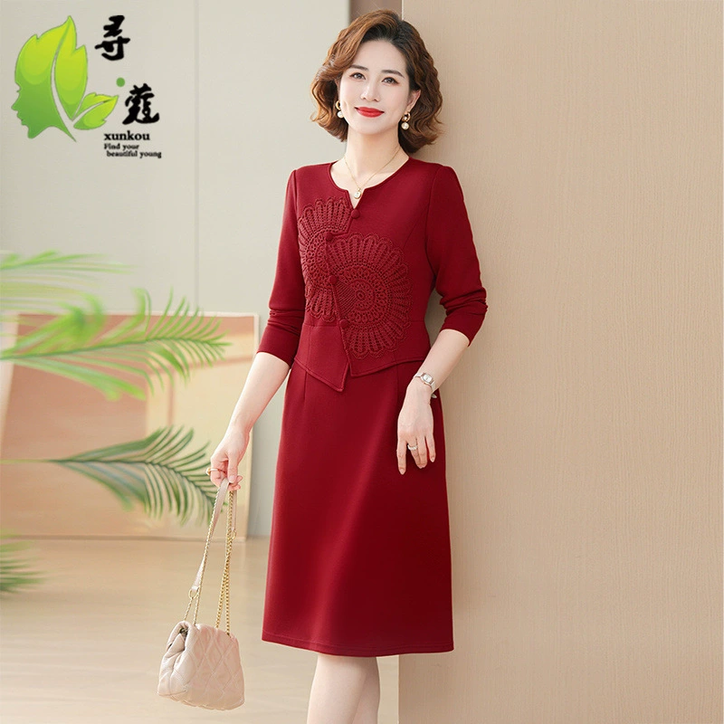 Весеннее платье среднего возраста с эффектом утяжки талии и похудения, подходящее для свадебных торжеств свекрови, элегантное красное свадебное платье с длинными рукавами и V-образным вырезом.