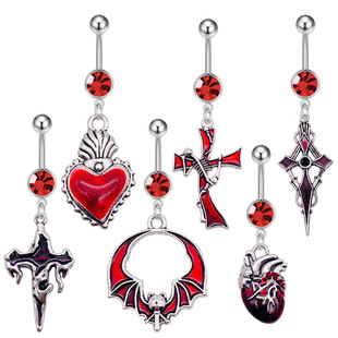 Cross-border new stainless steel navel nail peach heart cross red long navel ring European and American body piercing jewelry
