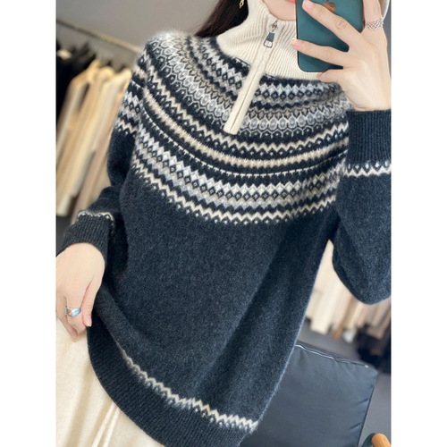 Retro jacquard cardigan women's autumn and winter new age-reducing zipper cashmere sweater Fairisland lapel warm sweater