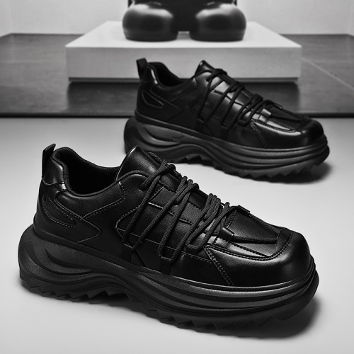 Men's Casual Thick-Heeled Leather-Look Fall Shoes with Thick Heel Increase, Low Top Laced Sporty Trendy Black Shoes