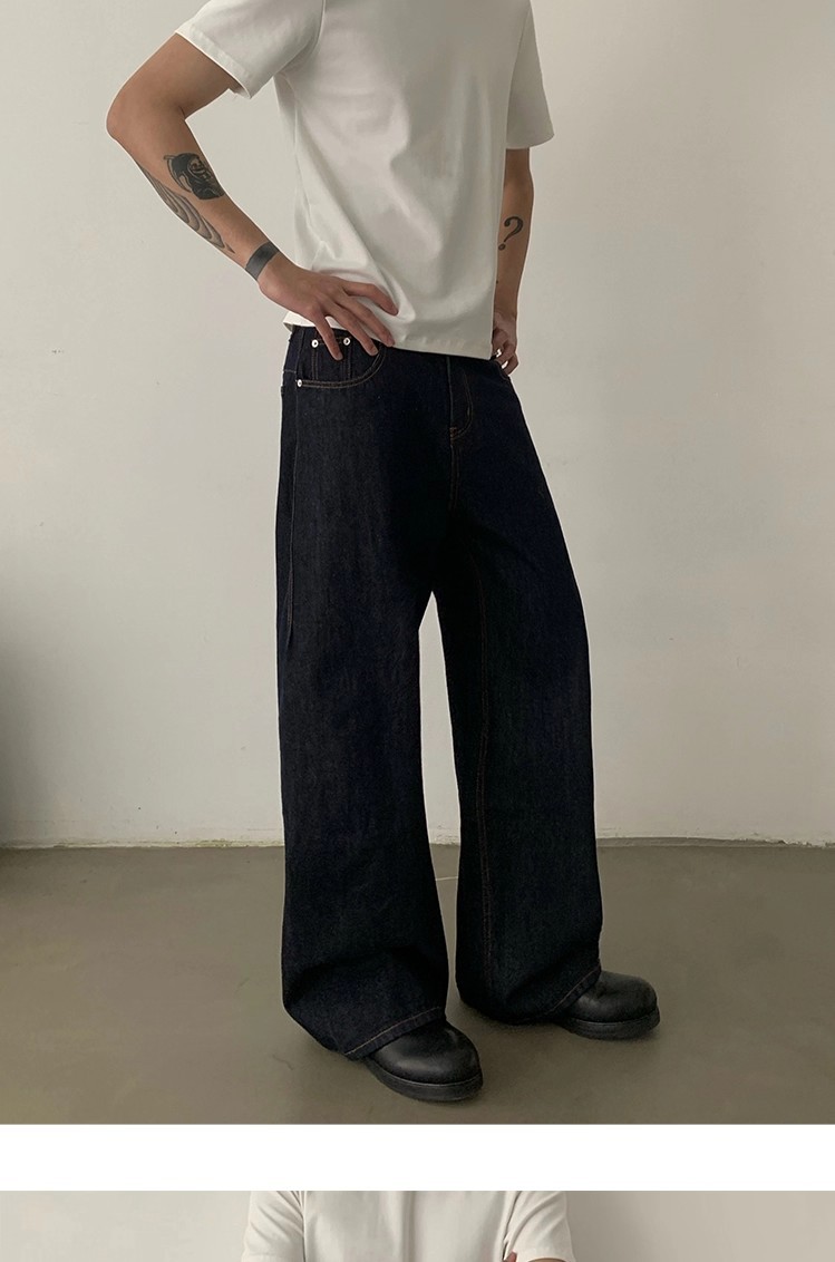 Men's Retro Style Straight Leg Jeans Original Color Paris Button Washed Loose Wide Leg Floor Length Trousers_mkmklike.com