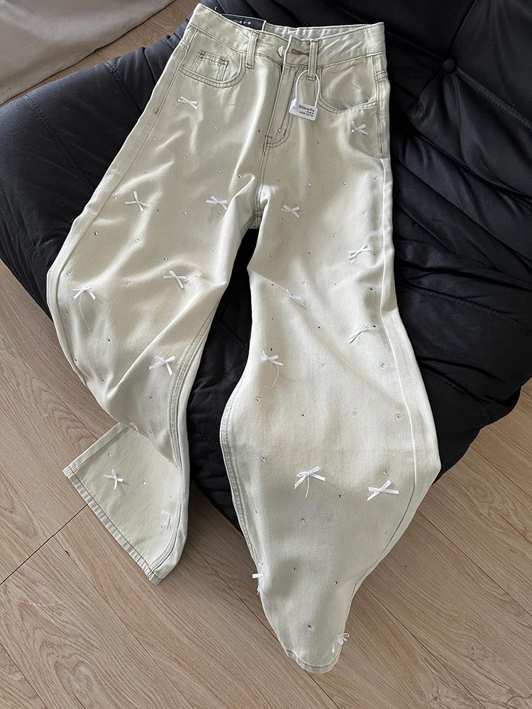 Three Dimensional Bow Design With Hot Diamonds, High Waist And Slim Light Blue Jeans, Washed Straight And Casual Mopping Trousers_ecoleips.com