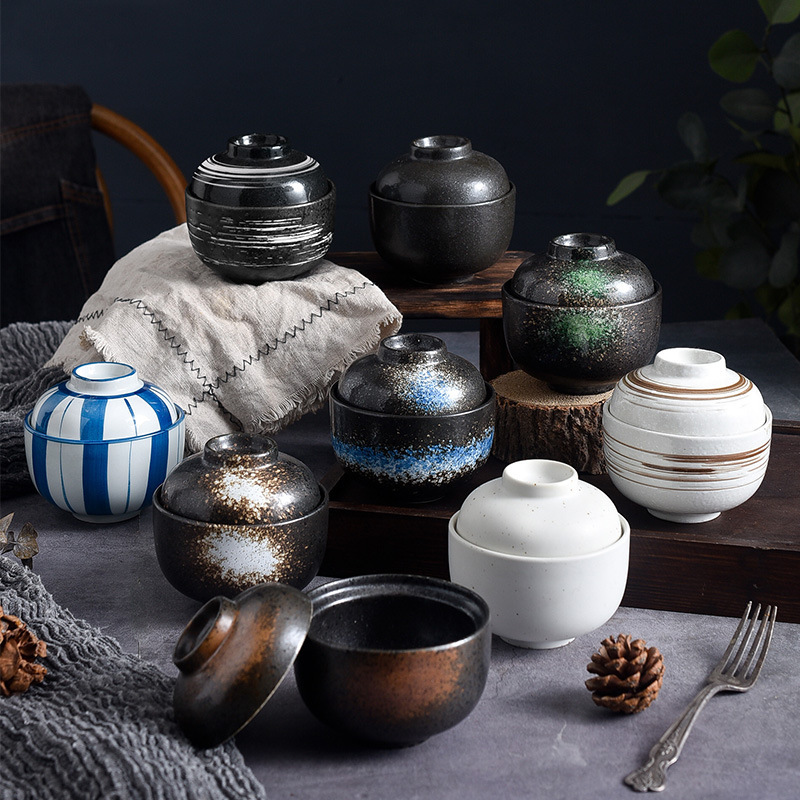 Japanese Style Ceramic Soup Cup with Cover Bowl Small Stew Cup Household Soup Bowl Steamed Egg Cup Steamed Egg Bowl Dessert Soup Bowl Stewed in Water