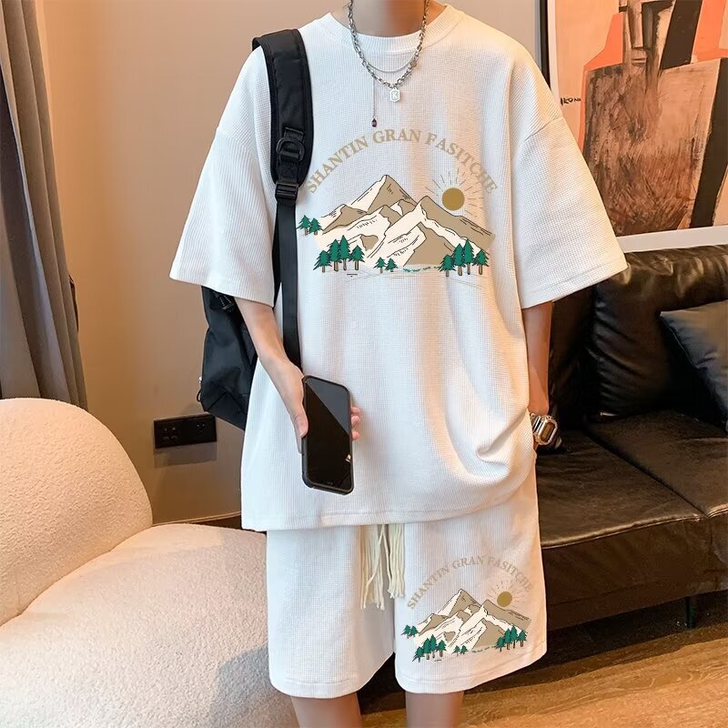 夏のワッフルスポーツスーツメンズオーバーサイズハンサムTシャツショーツツーピースセットトレンディなメンズファッションウェア|undefined