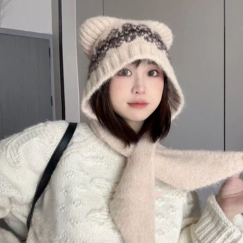 韩版可爱小羊毛绒帽子女秋冬季保暖绑带针织护耳帽百搭套头雷锋帽|undefined