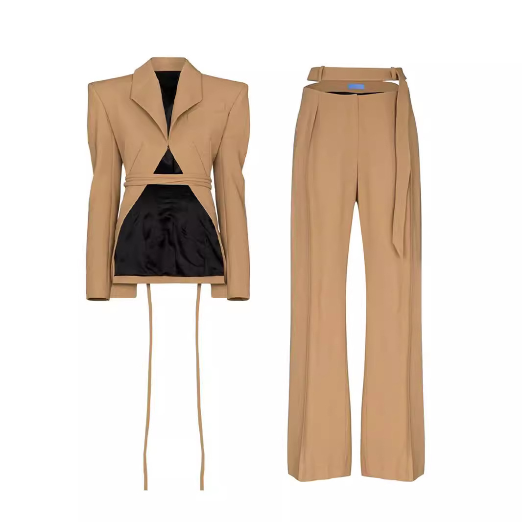 Women's Clothing Niche design deconstructed herringbone suit female tie wide shoulder suit jacket hollow straight pants two piece suit_voghion.com